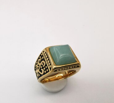 RVS Edelsteen vierkant groene Calciet goudkleurig Ring. met zwarte/goud patronen aan de zijkant. 