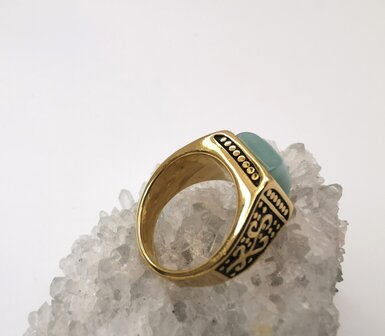 RVS Edelsteen vierkant groene Calciet goudkleurig Ring. met zwarte/goud patronen aan de zijkant. 