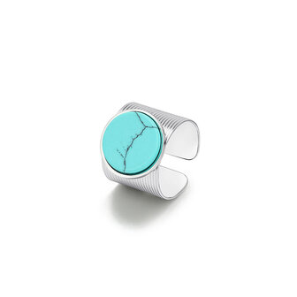 RVS zilverkleur Ring met Blauw Turquoise edelsteen &ndash; Verstelbare