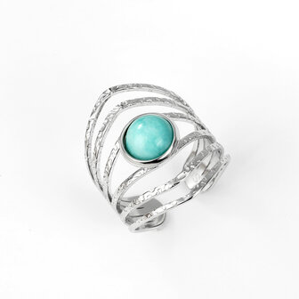 RVS zilverkleur Ring met Amazoniet  Blauw edelsteen verstelbare