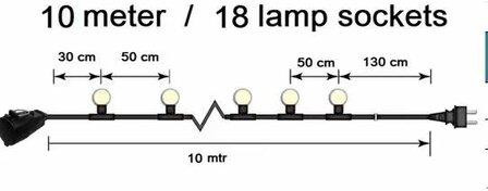 Stechkabel, 10 Meter, 18 Anschl&uuml;sse + Fassung und 18 LED-Lampe