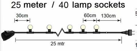 Stechkabel, 25 Meter, 40 Anschl&uuml;sse + Fassung und 40 LED-Lampe