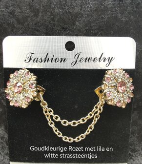 Clips met dubbel ketting, Rozet met schitterde kleur kristal en strass steentjes