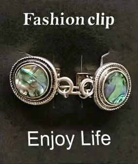 Clips, parelmoer edelsteen met midden een ring  in kleur antiek zilver look.