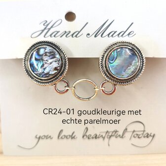 Clips, parelmoer edelsteen met midden een ring in kleur antiek goud look.