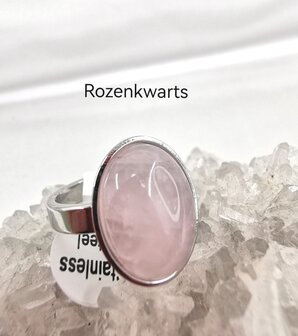 Rozenkwarts ring RVS zilverkleurig, ovaal, 