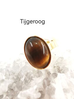 Tijgeroog ring RVS goudkleurig, ovaal, 