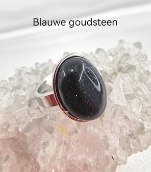 Blauw goudsteen ring RVS zilverkleurig, ovaal, 