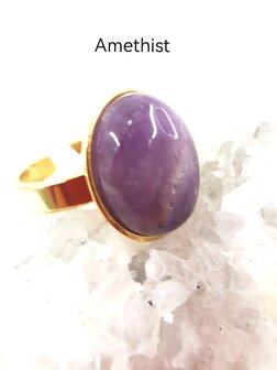 Amethist ring RVS goudkleurig, ovaal, 