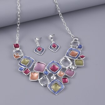 Set: Design zilverkleur ketting met vierkant multi kleur emaille ontwerp.