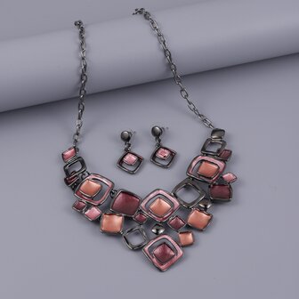 Set: Design zwart kleur ketting met vierkant multi oud roze emaille sieraden.