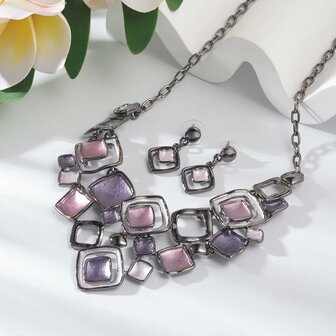 Set: Design zwart kleur ketting met vierkant multi oud roze emaille sieraden.