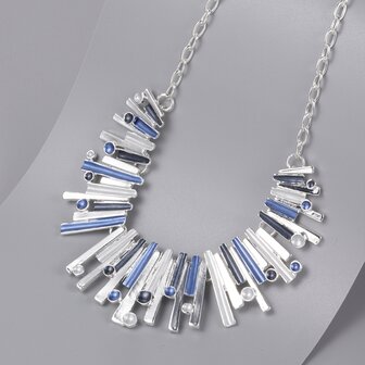 Set - Metallic Zilver/Grijs/Blauw Mat Emaille Abstracte Staafketting &amp; Oorstekers In Zilverkleurig 