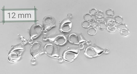 100 x 925 verzilverd karabijnsluiting L 12 mm gratis 20 verzilverd open ringetjes. 