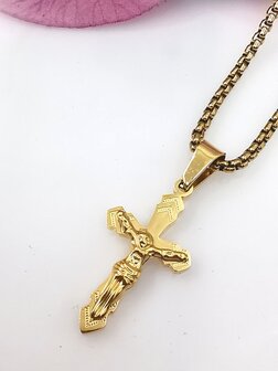 Goldfarbene 45 cm lange Kette aus Edelstahl mit Jesuskreuz.