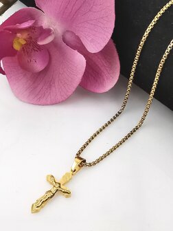 Goldfarbene 45 cm lange Kette aus Edelstahl mit Jesuskreuz.