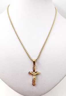 Goldfarbene 45 cm lange Kette aus Edelstahl mit Jesuskreuz.
