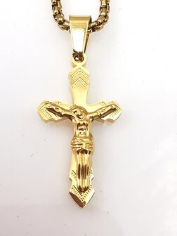 Goldfarbenes Kreuz aus Edelstahl mit Jesus.