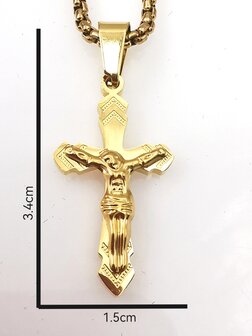 Goldfarbenes Kreuz aus Edelstahl mit Jesus.