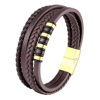 Armband Heren bruine 4 banden Leer met RVS Accenten | Incl Verlengstuk