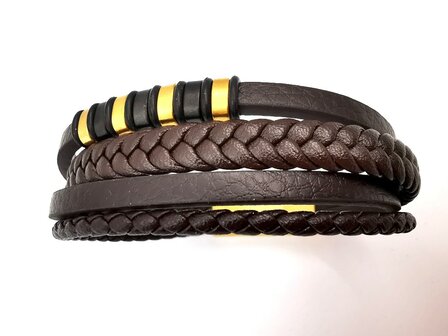 Armband Heren bruine 4 banden Leer met RVS Accenten | Incl Verlengstuk
