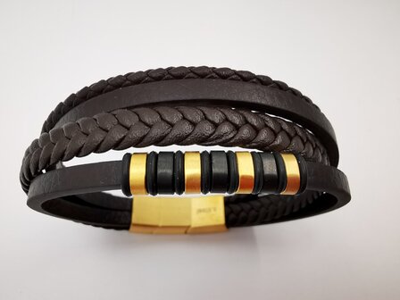 Armband Heren bruine 4 banden Leer met RVS Accenten | Incl Verlengstuk