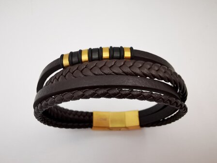 Armband Heren bruine 4 banden Leer met RVS Accenten | Incl Verlengstuk