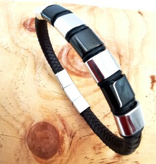 Armband smalle Heren bruine Leer met RVS Accenten | Incl Verlengstuk
