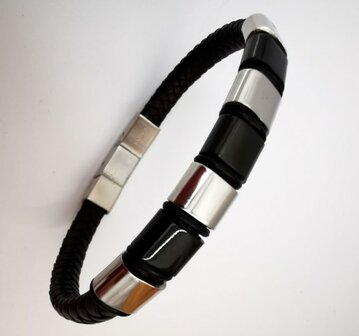 Armband smalle Heren bruine Leer met RVS Accenten | Incl Verlengstuk
