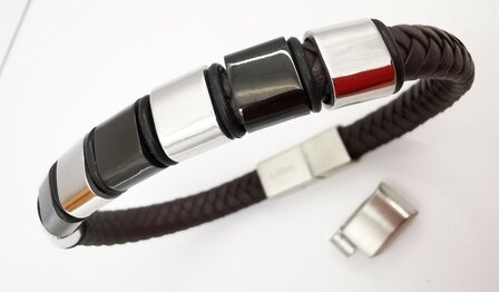 Armband smalle Heren bruine Leer met RVS Accenten | Incl Verlengstuk