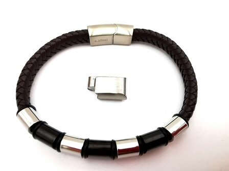 Armband smalle Heren bruine Leer met RVS Accenten | Incl Verlengstuk