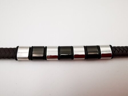Armband smalle Heren bruine Leer met RVS Accenten | Incl Verlengstuk