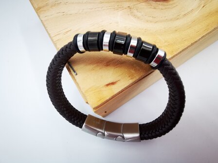 Armband Heren bruine Leer met RVS Accenten | Incl Verlengstuk