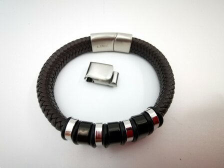 Armband Heren bruine Leer met RVS Accenten | Incl Verlengstuk