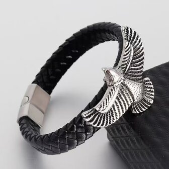 Armband Heren Adelaar Zwart Leer met RVS Accenten Incl Verlengstuk