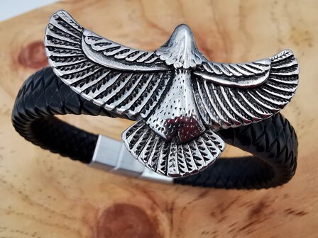 Armband Heren Adelaar Zwart Leer met RVS Accenten Incl Verlengstuk