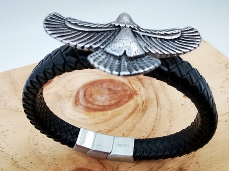Armband Heren Adelaar Zwart Leer met RVS Accenten Incl Verlengstuk
