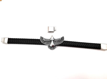Armband Heren Adelaar Zwart Leer met RVS Accenten Incl Verlengstuk