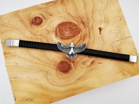 Armband Heren Adelaar Zwart Leer met RVS Accenten Incl Verlengstuk