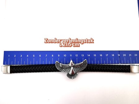 Armband Heren Adelaar Zwart Leer met RVS Accenten Incl Verlengstuk