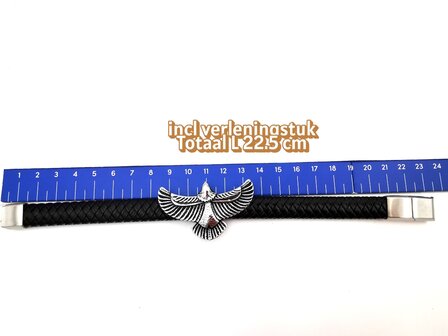 Armband Heren Adelaar Zwart Leer met RVS Accenten Incl Verlengstuk