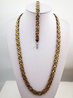 Set aus K&ouml;nigsglieder-Halskette mit Armband, zweifarbig, Edelstahl.