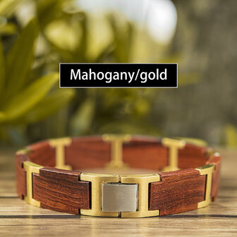 Armband Warm Roodbruine Mahonie houten L 21.5cm RVS tussenschakels goudkleurig