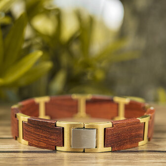 Armband Warm Roodbruine Mahonie houten L 21.5cm RVS tussenschakels goudkleurig