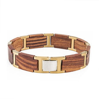 Armband Warm Roodbruine Mahonie houten L 21.5cm RVS tussenschakels goudkleurig