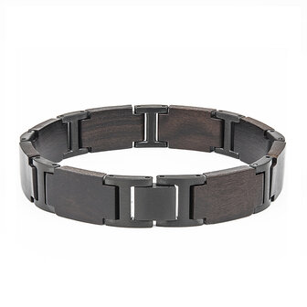 Dunkelbraunes Ebenholzarmband L 21,5 cm, mattschwarze Edelstahlglieder