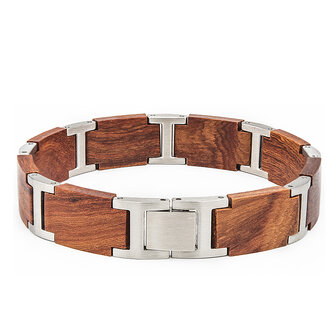Armband Roodbruine Mahonie houten L 21.5 cm, RVS tussenschakels