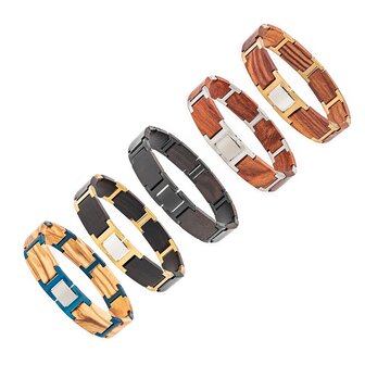 Armband Roodbruine Mahonie houten L 21.5 cm, RVS tussenschakels