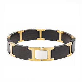 Armband Zwarte Ebony houten L 21.5 cm RVS tussenschakels goudkleurig