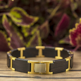Armband Zwarte Ebony houten L 21.5 cm RVS tussenschakels goudkleurig